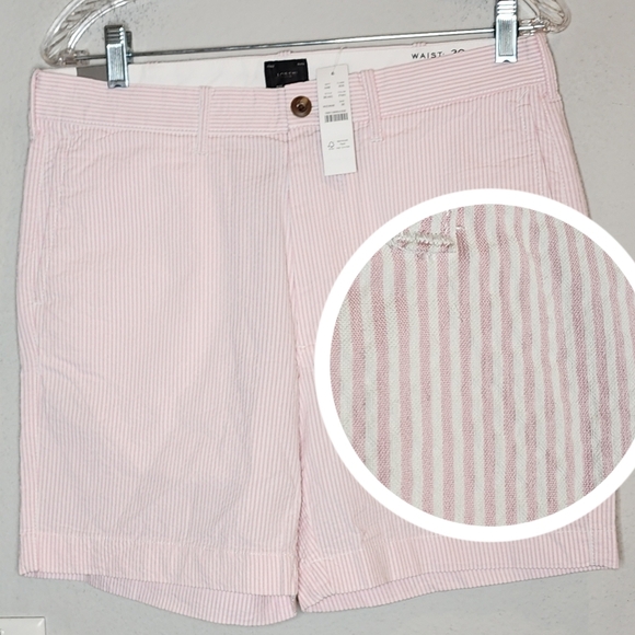 NWT J. Crew Pink White Stripe 7" stretch Seersucker Shorts Men's Size 30 - Picture 1 of 16